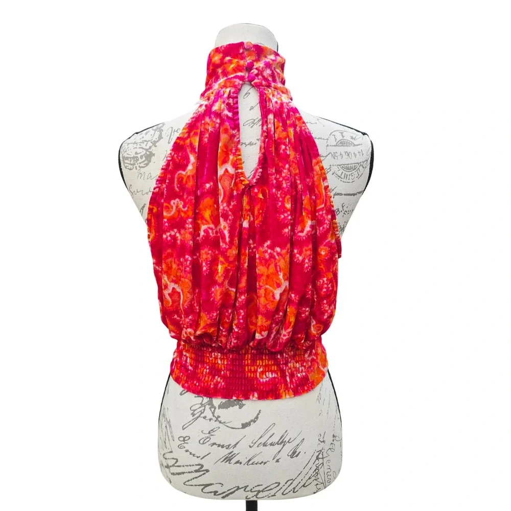Free People -1853 Take A Break‎ Velvet Floral Orange Halter Top Blouse XS